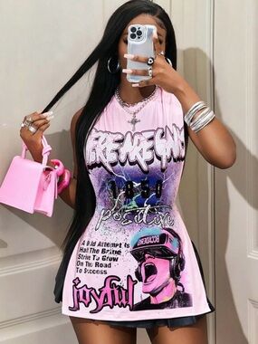 SHEIN Pink Graphic Sleeveless Crop Mini Top